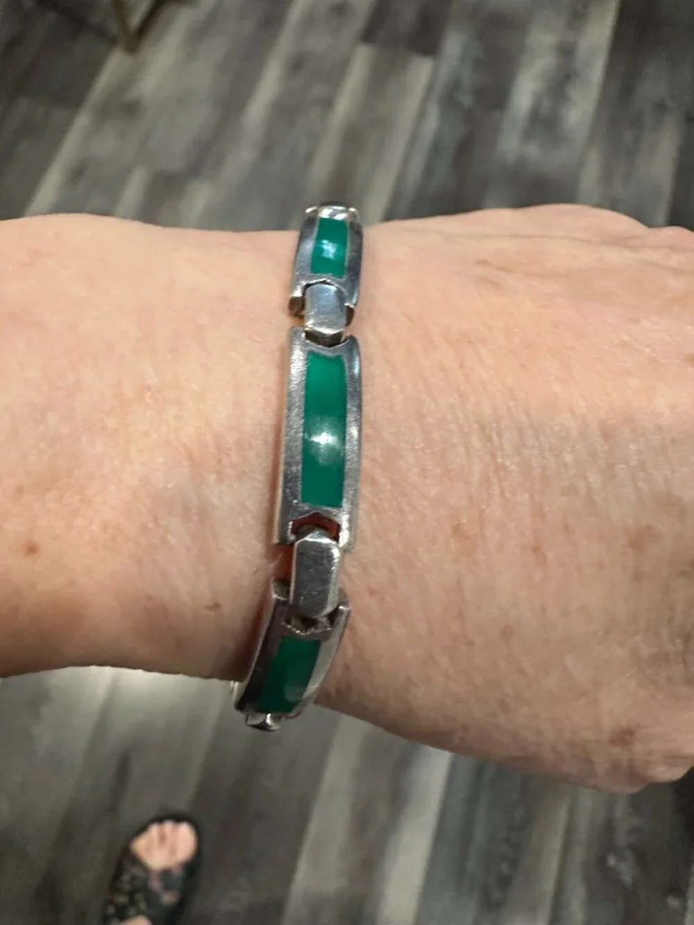 Vintage Sterling Silver 925 Natural Green Chalcedony Inlay 7 Link Heavy Bracelet